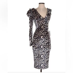 Lavish Alice Leopard Velvet One Shoulder Midi Dress Brown Animal Print Sz 4 NWT